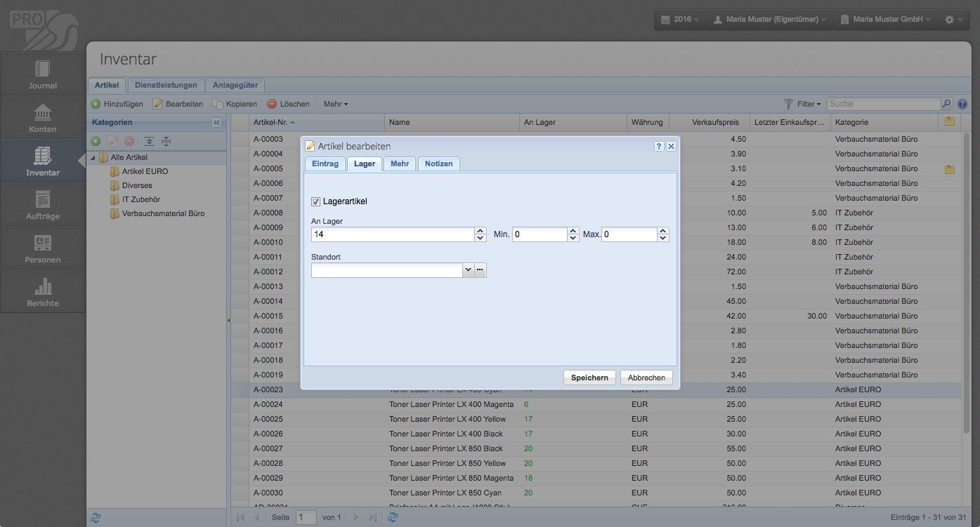 Screenshot des Inventars mit einem Artikel Bearbeiten Dialog
