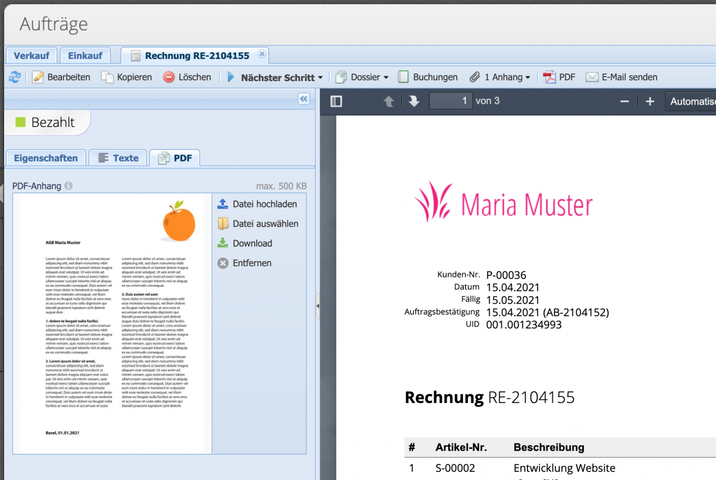 Screenshot der Dokumentvorschau mit PDF Reiter, wo manuell ein PDF Anhang hinzugefügt werden kann.