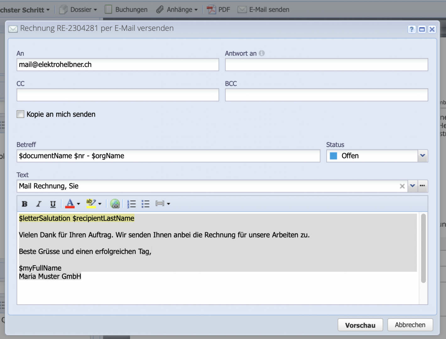 Screenshot of sending an invoice by email directly from CashCtrl