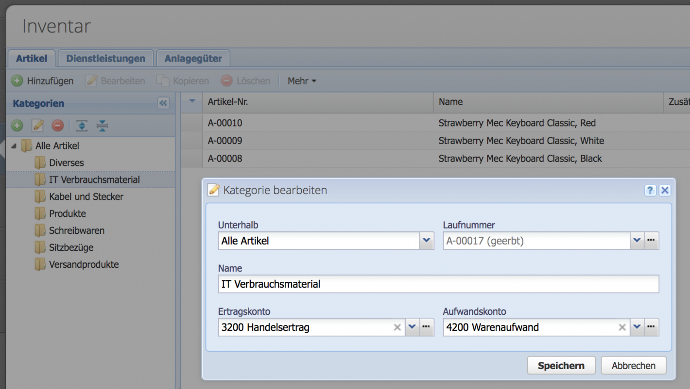 Screenshot des Artikel-Kategorie Bearbeiten Dialogs