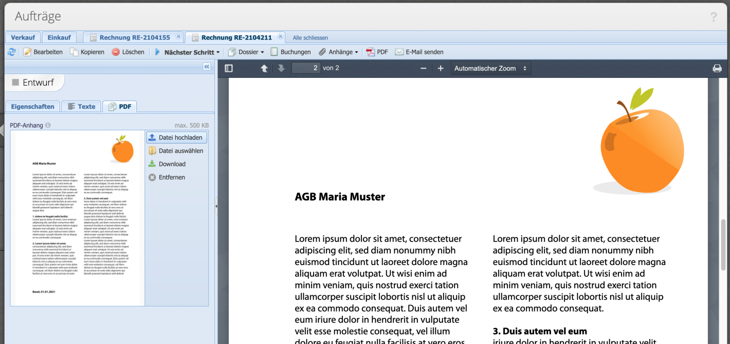 Screenshot der Dokumentvorschau mit PDF Reiter, wo automatisch über die Einstellungen der Auftragskategorie ein PDF Anhang hinzugefügt werden kann.