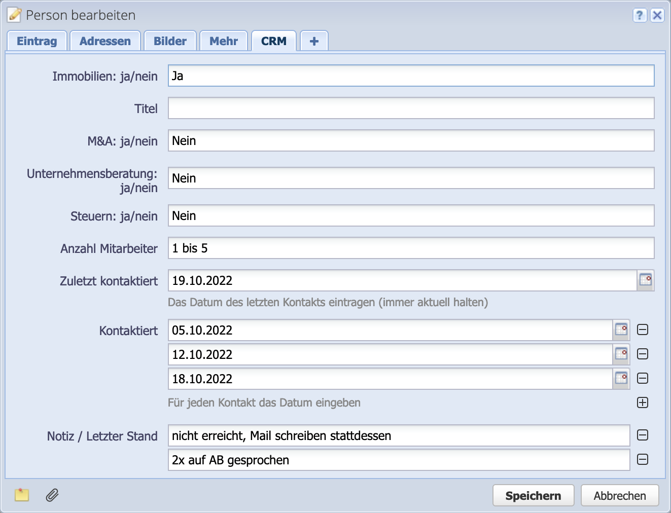 Screenshot of a person entry with custom fields set up as CRM