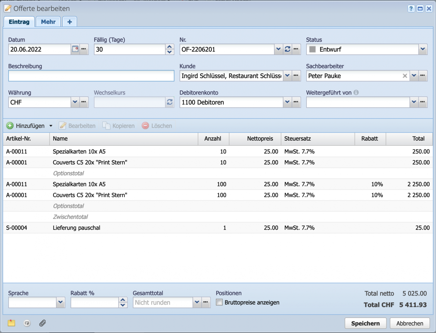 Screenshot einer Offerte mit vielen Positionen und eingefügten Options- und Zwischentotalen