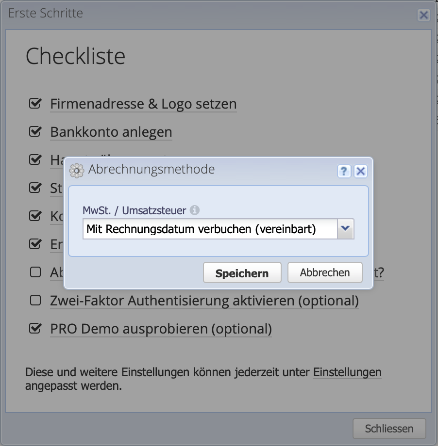 Screenshot der Erste Schritte Checkliste mit Auswahl der Abrechnungsmethode vereinbart oder vereinnahmt