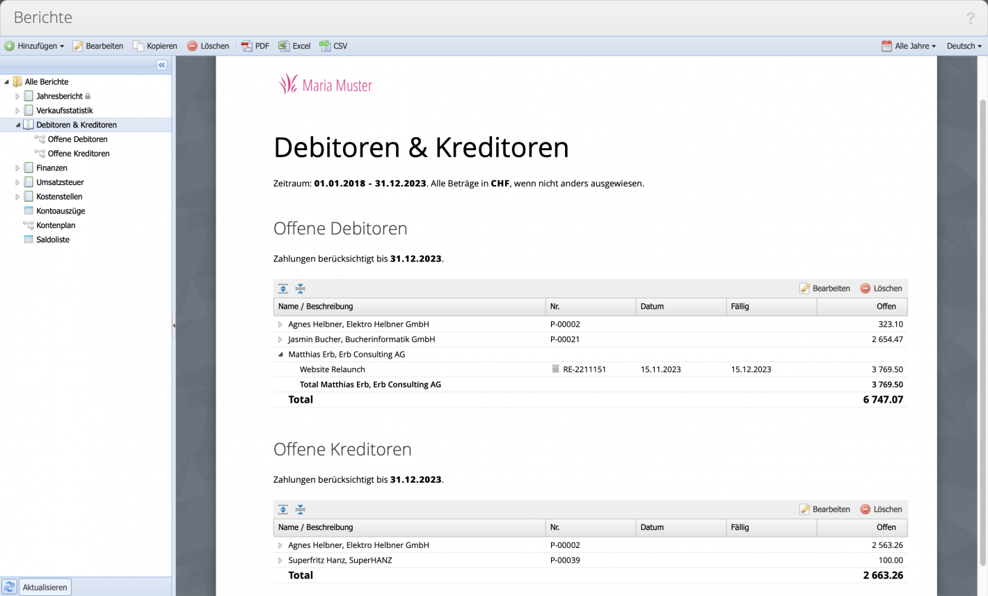 Open Accounts Receivable / Accounts Payable Report Screenshot