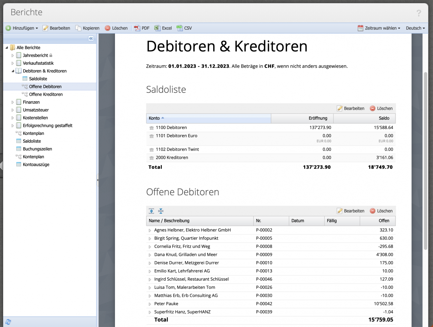 Screenshot des Debitoren & Kreditoren Berichts in CashCtrl