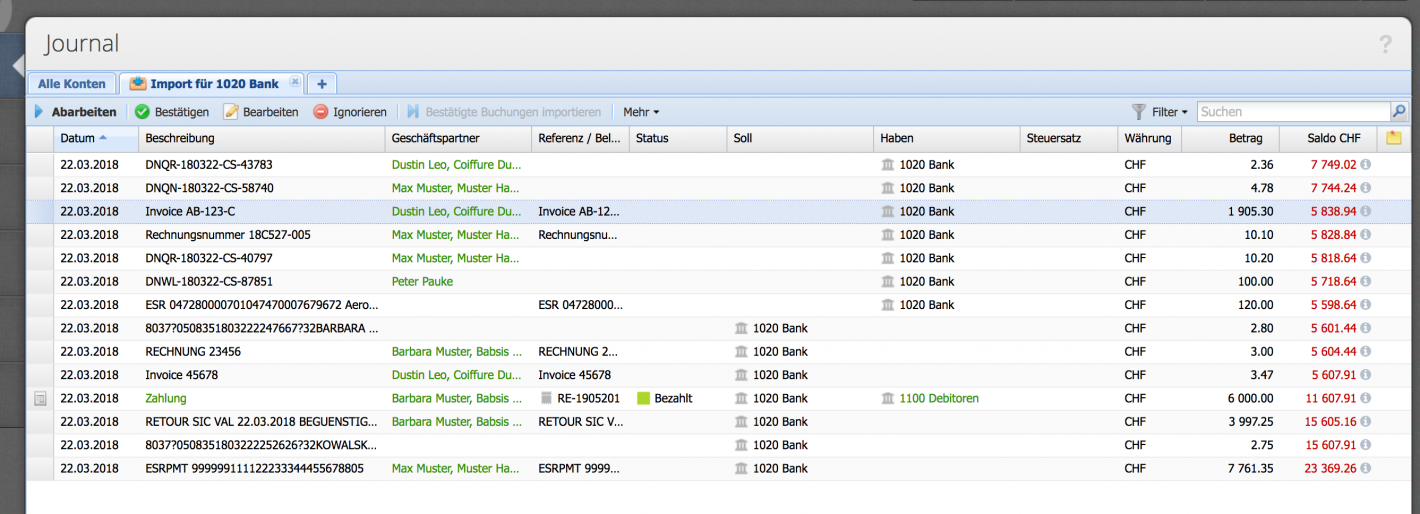 Screenshot des Imports einer camt Datei in CashCtrl