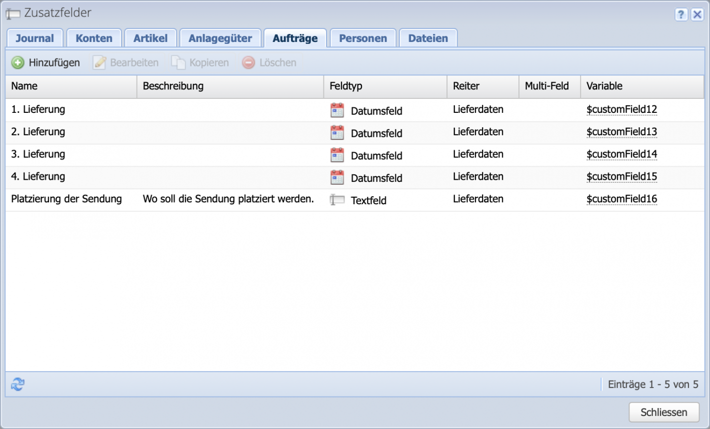 Screenshot of the custom field dialog with the Orders tab, where the custom field is created