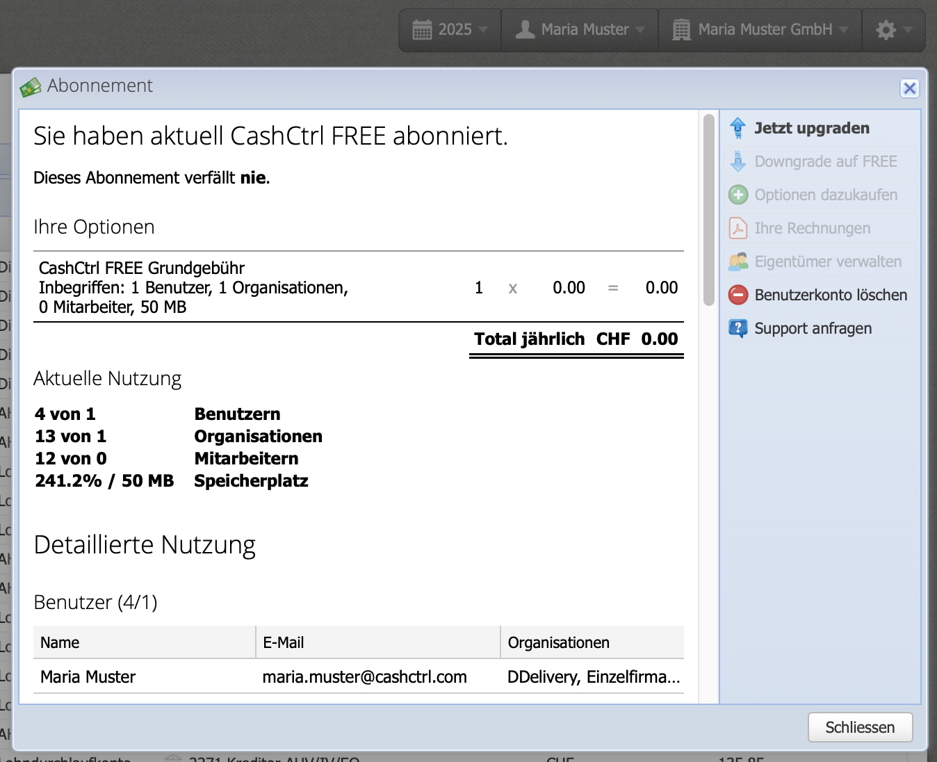 Screenshot der Abonnement Übersicht in CashCtrl