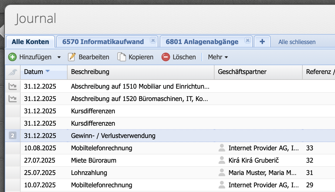 Screenshot of the year-end entries that remain by reopening a fiscal period