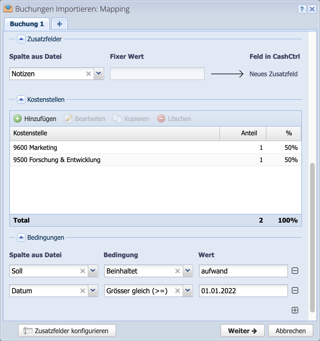 Screenshot des Mapping Dialogs beim Importieren von Buchungen via Excel oder CSV Datei