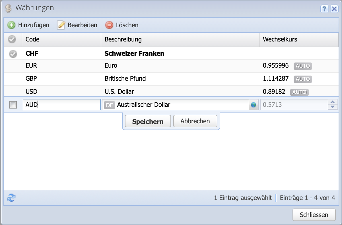 Screenshot of the currencies dialog when adding a new foreign currency