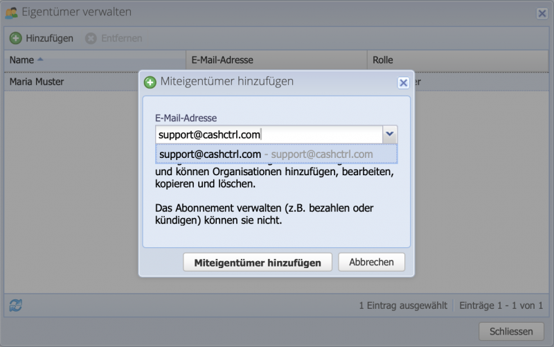 Screenshot des Dialogs zum Übertragen einer Organisation an eine:n andere:n Benutzer:in