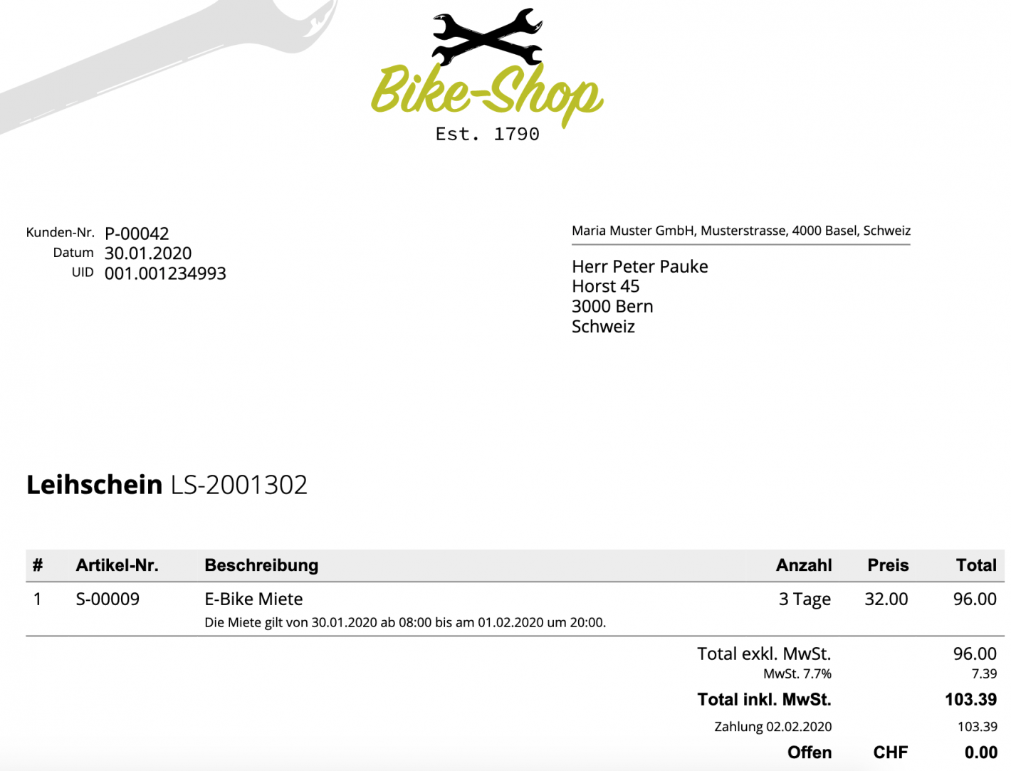 Screenshot eines individuellen Rechnungsdokuments für ein Leihangebot.