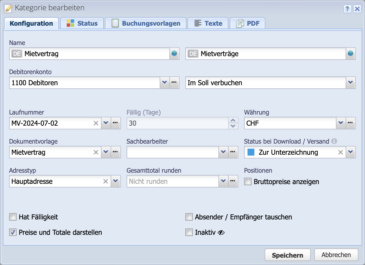 Screenshot der Konfiguration der Auftragskategorie Mietverträge
