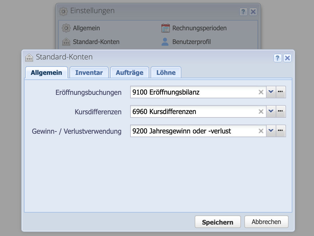 Screenshot der Einstellungen der Standardkonten
