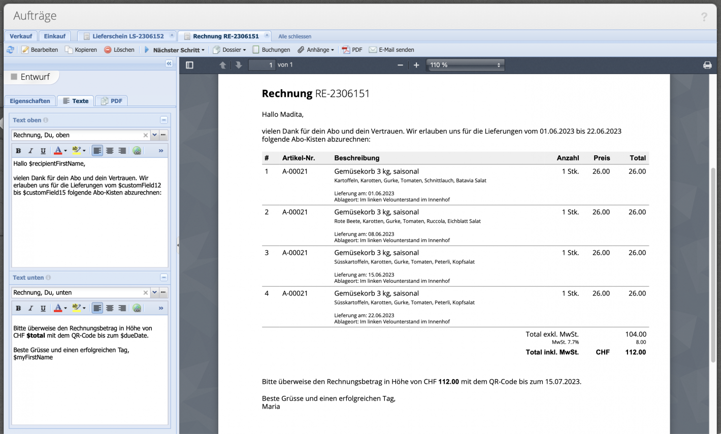 Screenshot der Rechnungsvorschau mit Textvorlagen mit Platzhaltern für Texte oberhalb und unterhalb der Positionstabelle