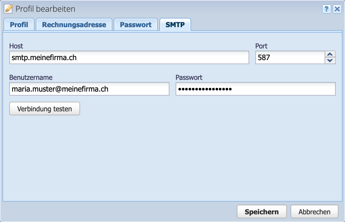 Screenshot of the user settings for setting up the SMTP server for sending emails in CashCtrl.