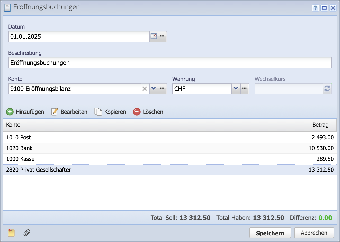 Screenshot des Eröffnungsbuchungen Dialogs