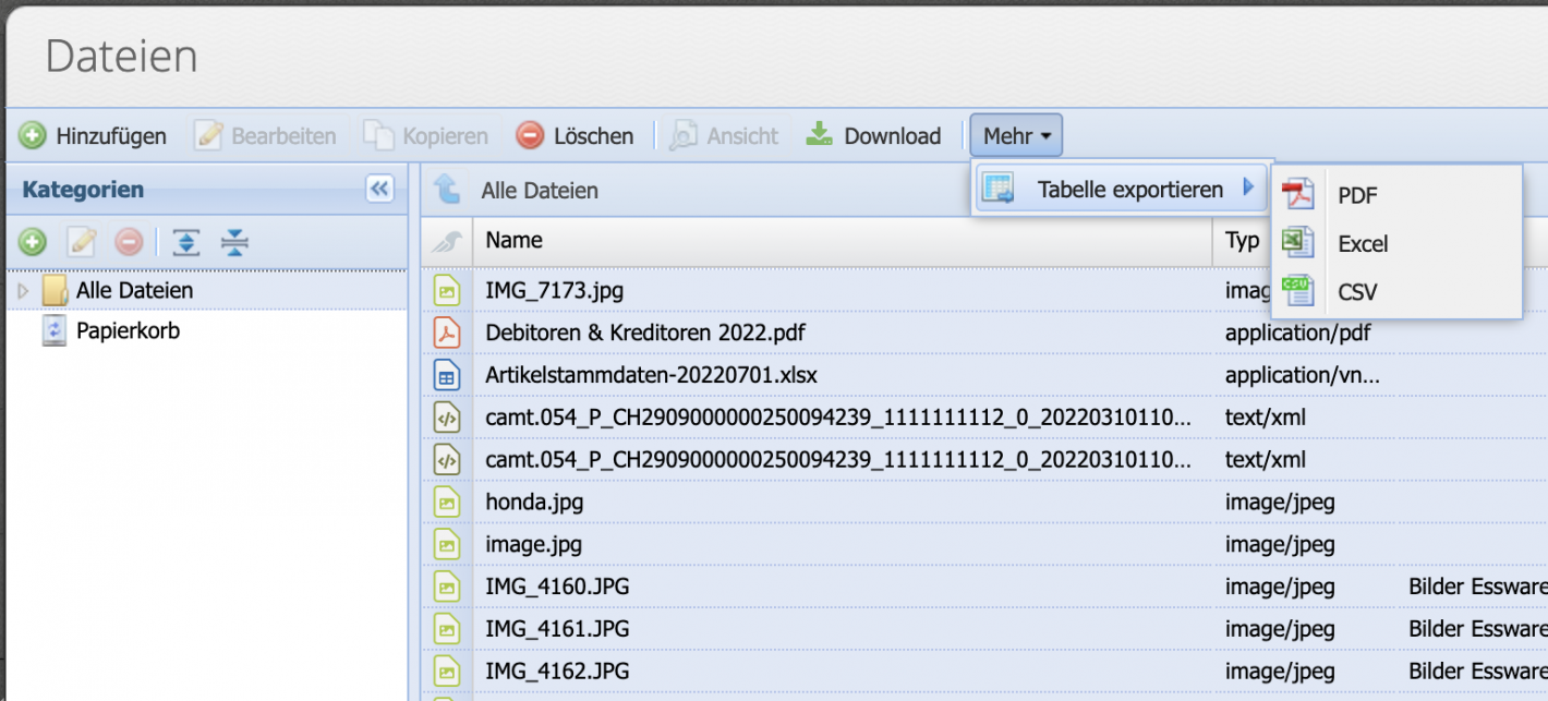 Screenshot der Menüleiste im Dateimanager mit Download und Mehr Button