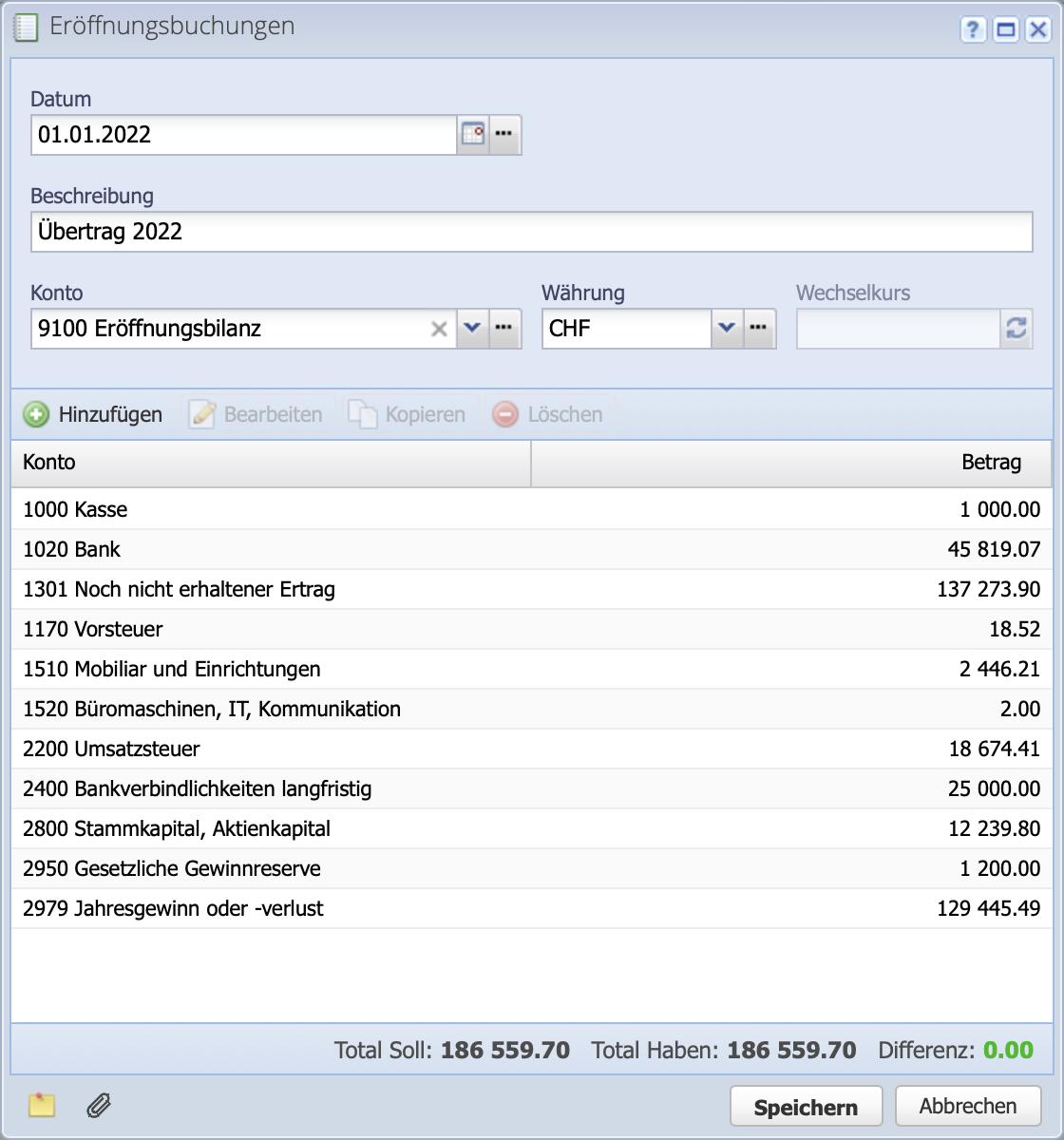 Screenshot des Eröffnungsbuchungsdialogs