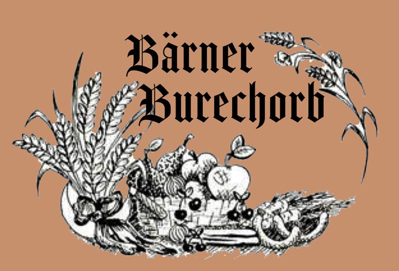 Logo Genossenschaft Bärner Buurechorb mit gebrochener Schrift und gezeichnetem Erntegut.