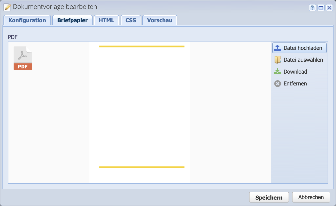 Screenshot der Dokumentvorlagen Konfiguration mit dem geöffneten Briefpapier Reiter, wo eine grafische Vorlage als PDF hinterlegt werden kann.