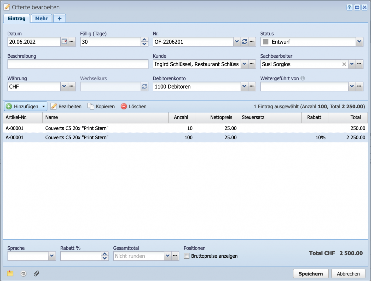 Screenshot of the dialog window for creating a new offer