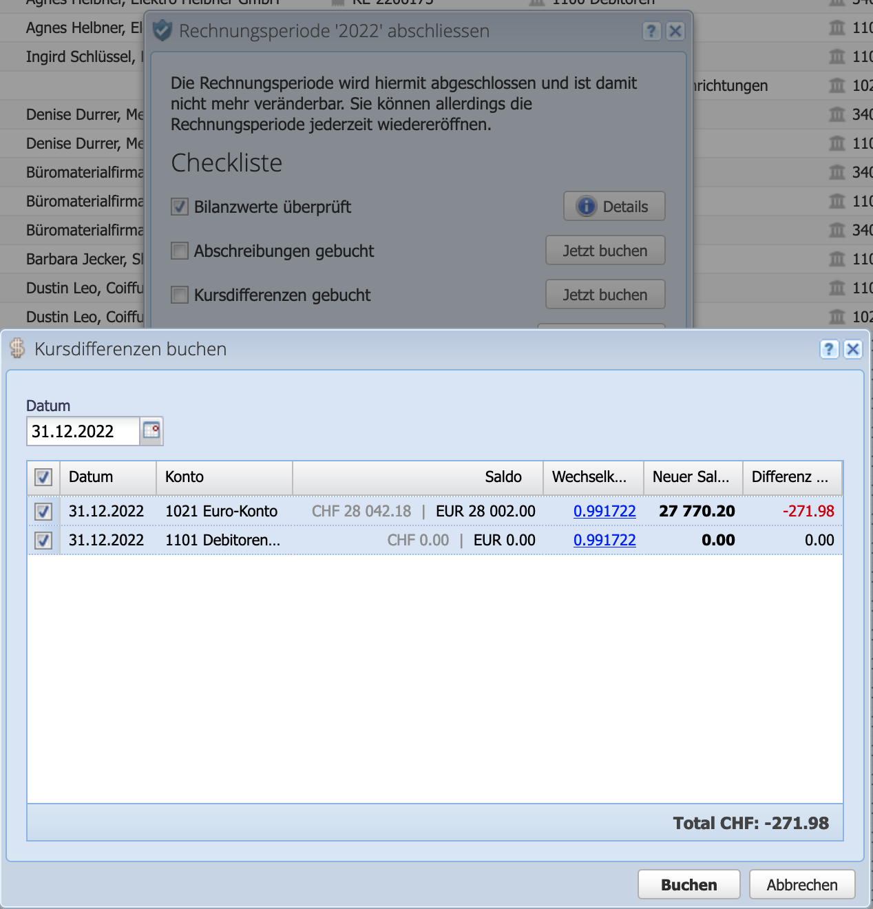 Screenshot des Dialogfensters zur Buchung der Kursdifferenzen beim Abschliessen eines Rechnungsperiode oder eines Monats