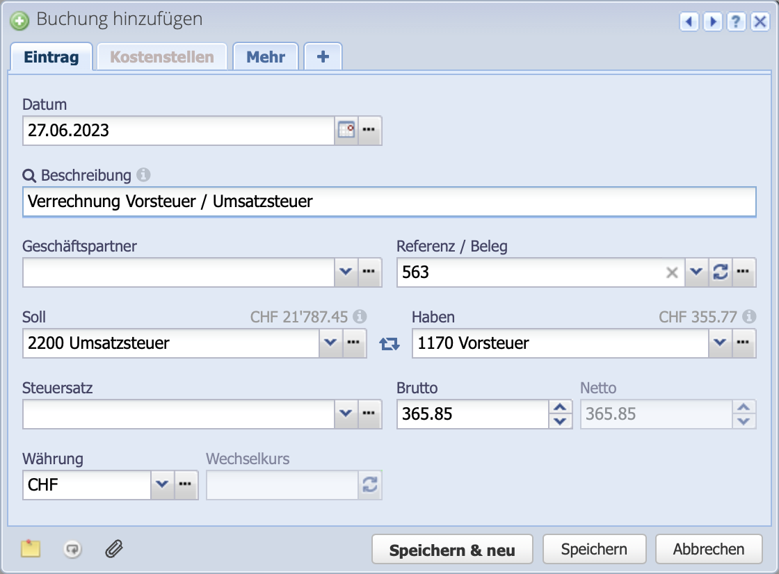 Screenshot of the transfer from the input tax account to the VAT account