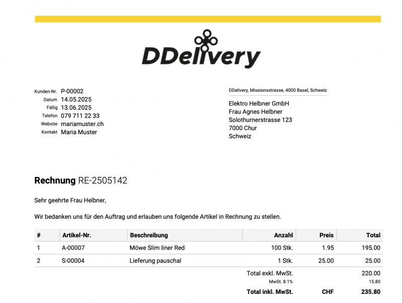 Screenshot der Rechnung mit individuellen Anpassungen im HTML/CSS Editor. Info-Block mit Telefonnummer und Website des Sachbearbeiters, Zeilenabstand angepasst, Logo eingerückt, Schriftart geändert.