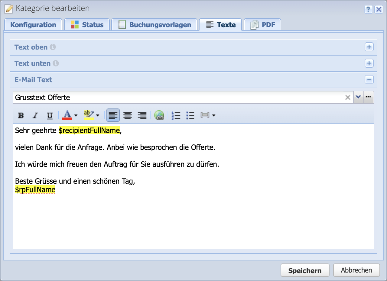 Screenshot des Texte Reiters im Bearbeiten Dialog der Auftragskategorien