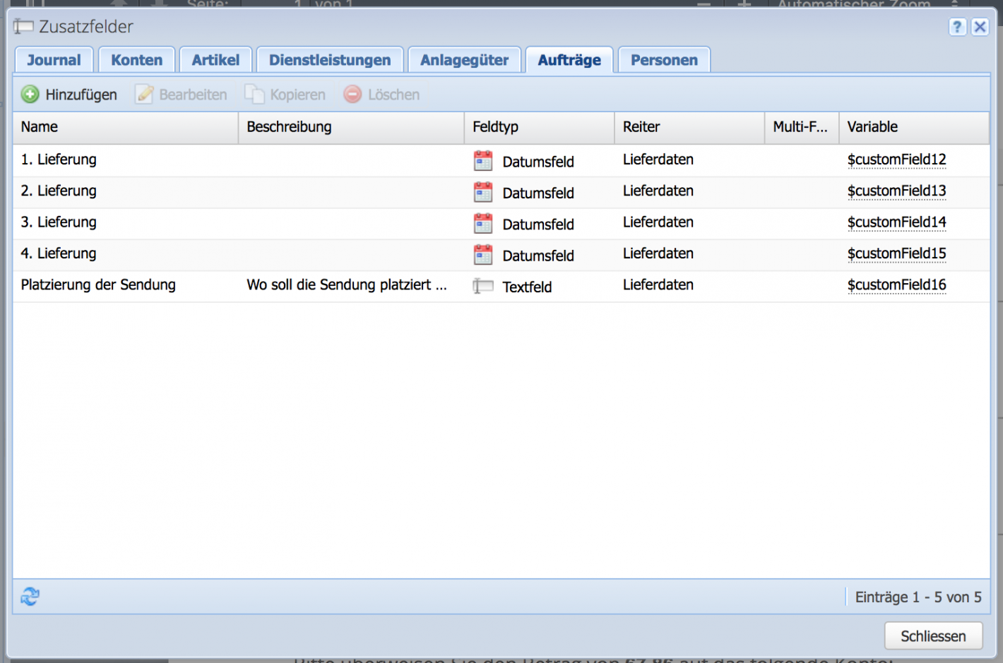 Screenshot of the custom fields settings