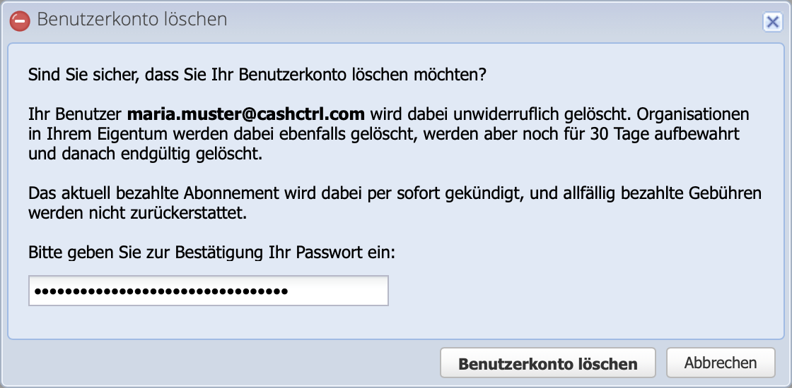 Screenshot des Benutzerkonto Löschen Dialogs