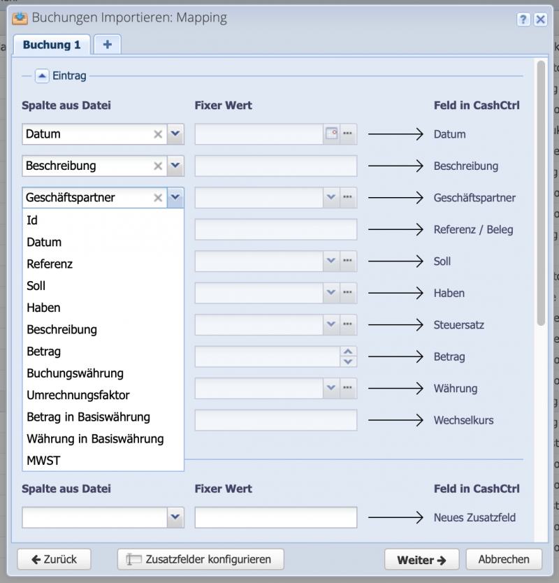 Screenshot des Mapping Dialogs beim Importieren von Buchungen via Excel oder CSV Datei