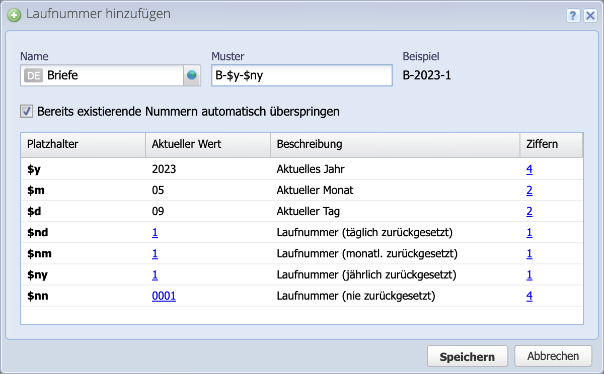 Screenshot of the sequence number configuration dialog