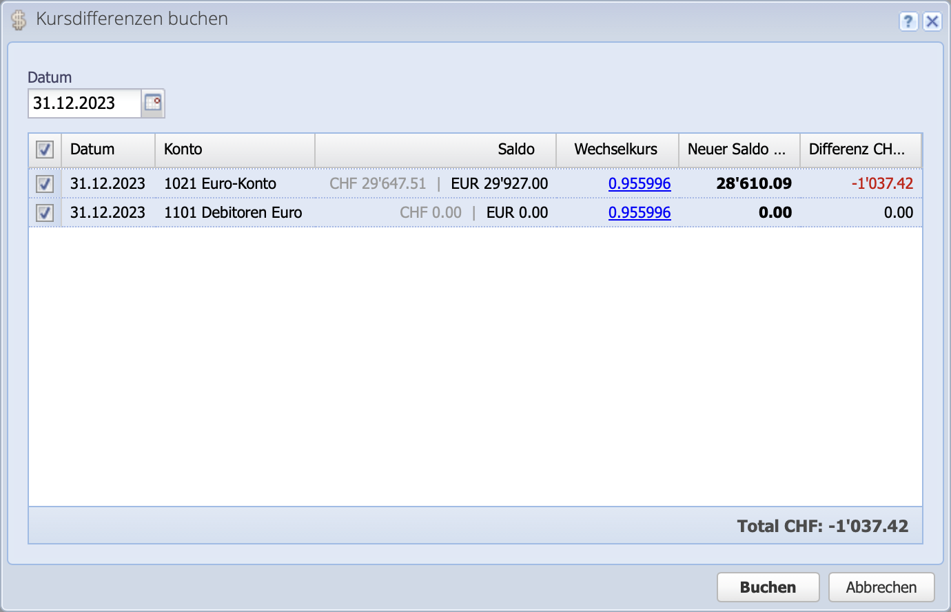 Screenshot of the exchange rate differences booking via the exchange rate correction dialog