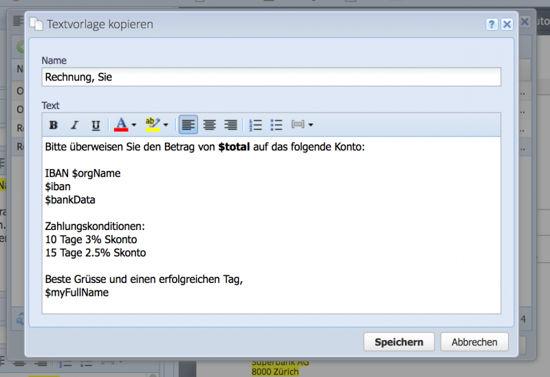 Screenshot Zahlungsbedingungen Textvorlage für Skonto