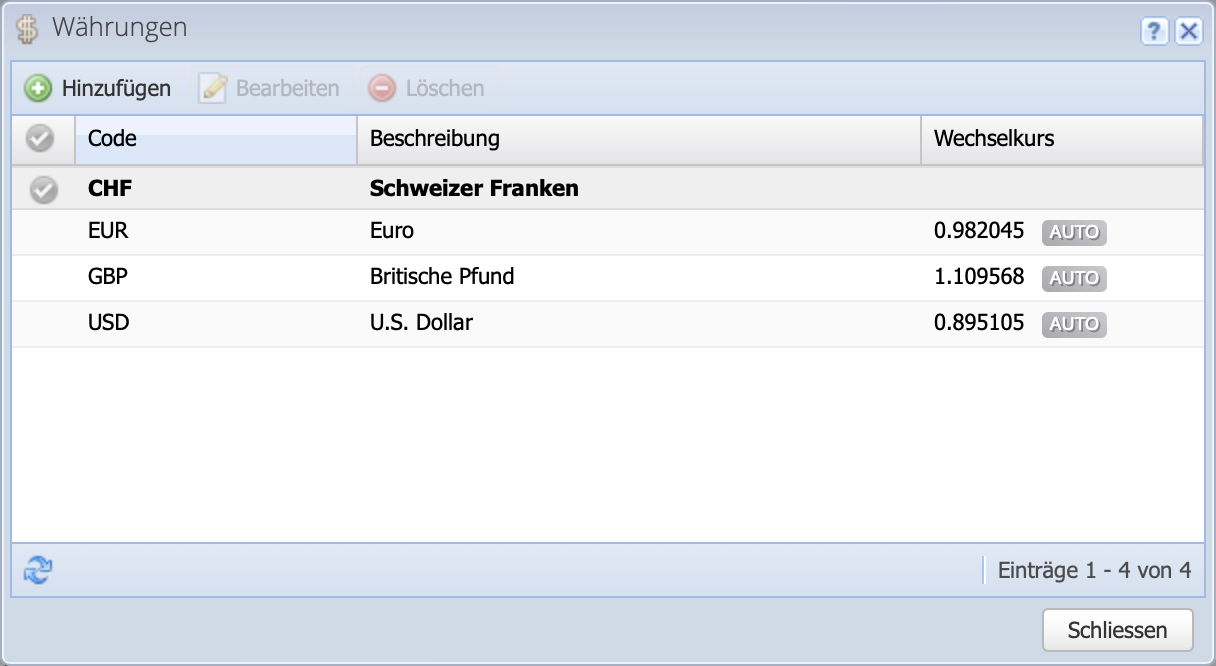 Screenshot der Währungseinstellungen um die Standardwährung zu setzen