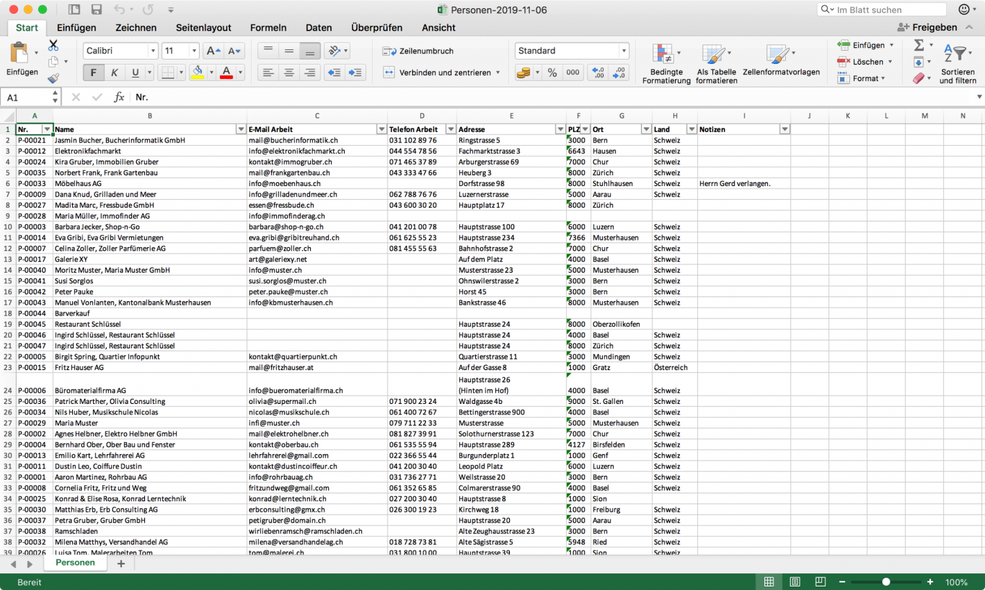 Screenshot of an exported persons Excel list from CashCtrl