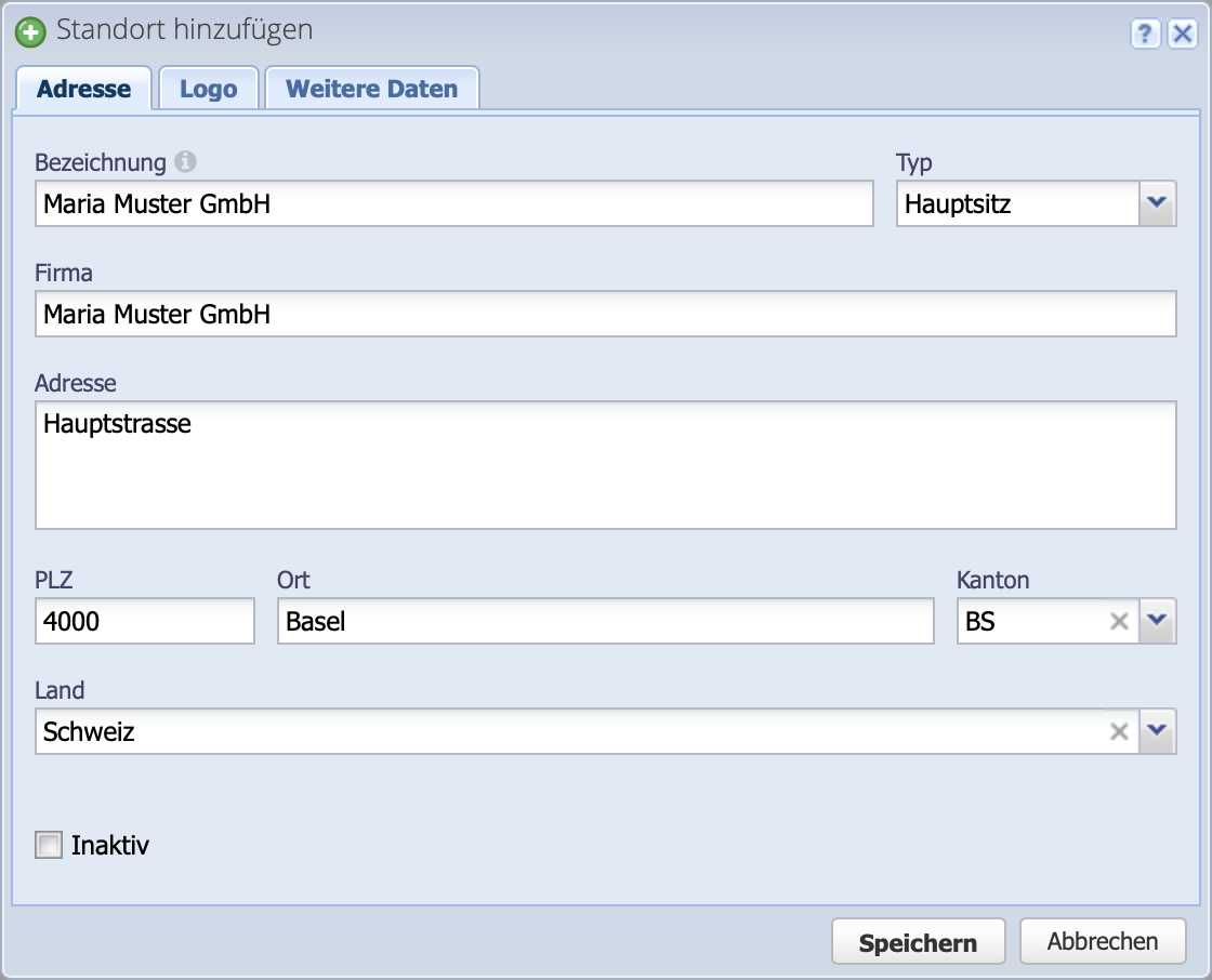 Screenshot des Standorte Dialogs zum Eigeben der Adressdaten