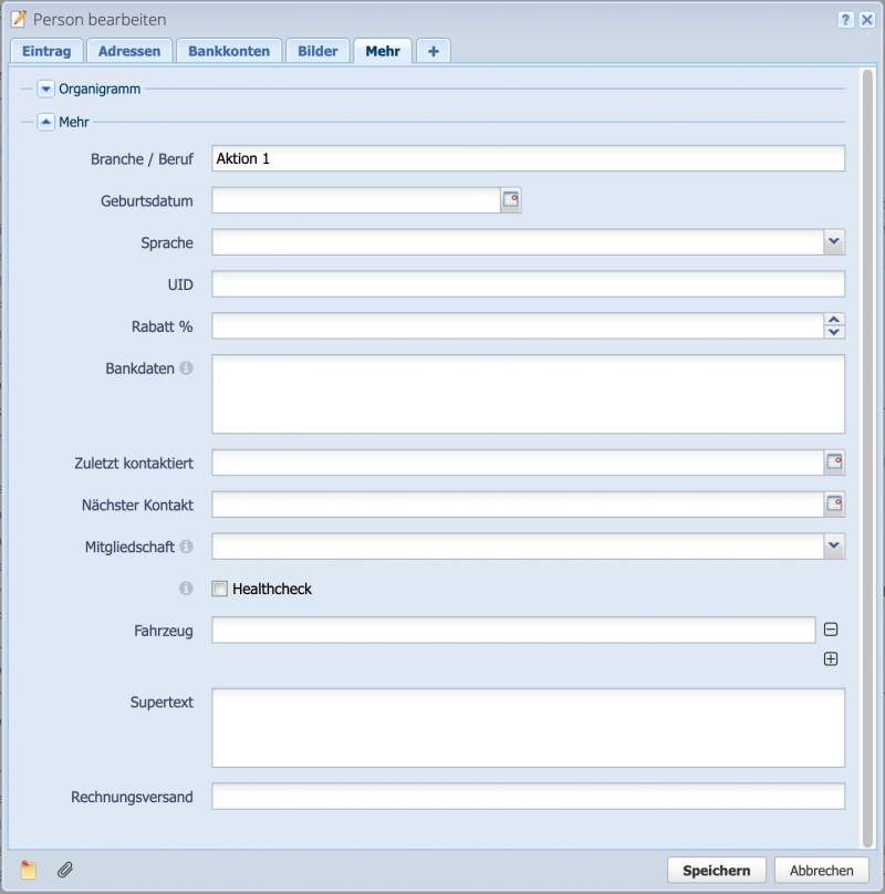 Screenshot des Zusatzfeld Dialogs