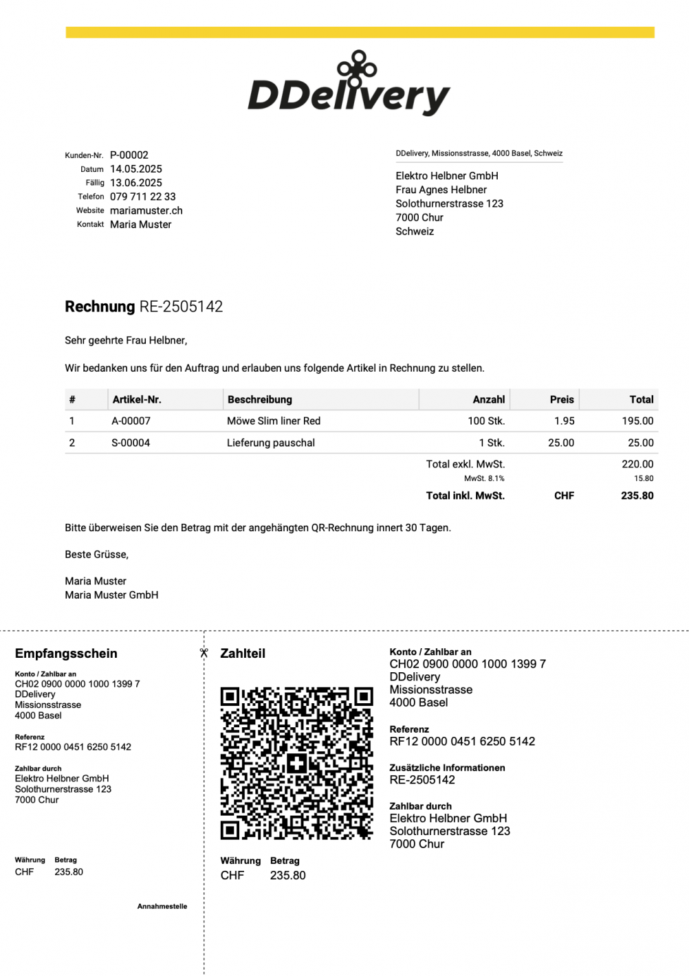 Screenshot einer fertigen Rechnung mit angepassten Zeilenabständen im Infoblock