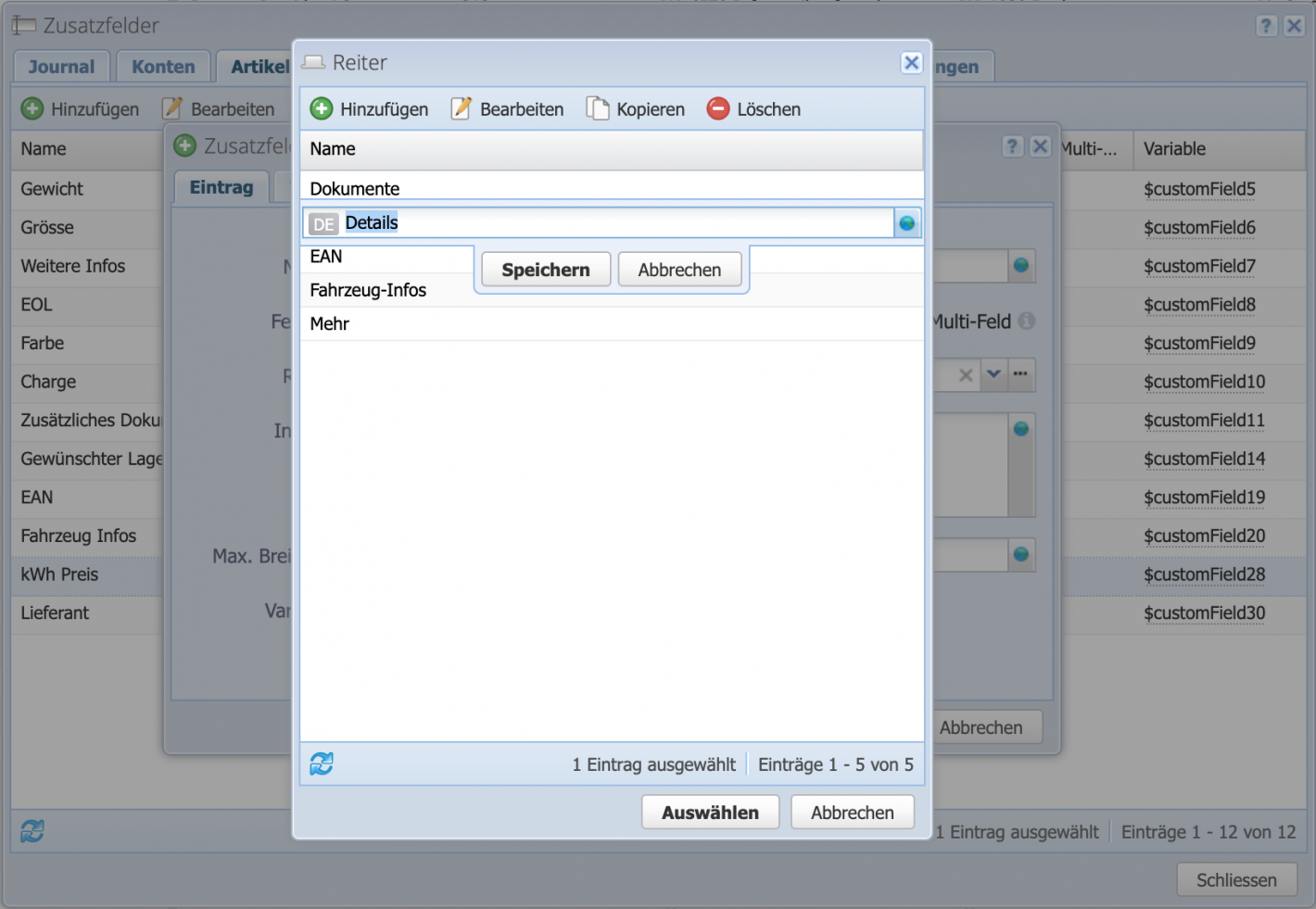 Screenshot des Zusatzfeld Dialogs wo über das Feld Reiter definiert werden kann, wo das Zusatzfeld angezeigt werden soll