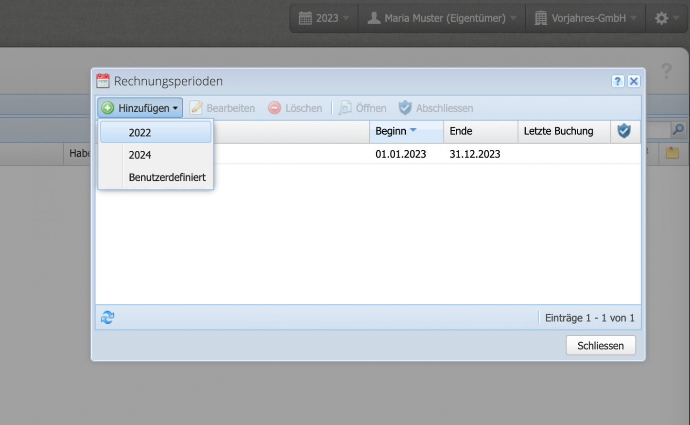 Screenshot der Rechnungsperioden Verwaltung mit dem Hinzufügen des Vorjahreszeitraums
