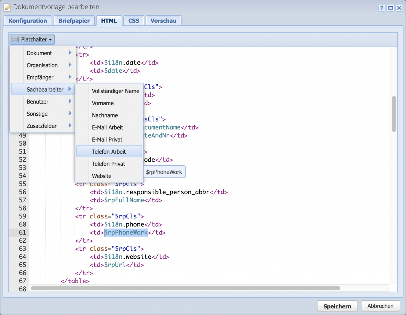 Screenshot des Platzhalter Dropdown Menüs, wo Variablen gewählt werden können, welche dann im Code dargestellt werden