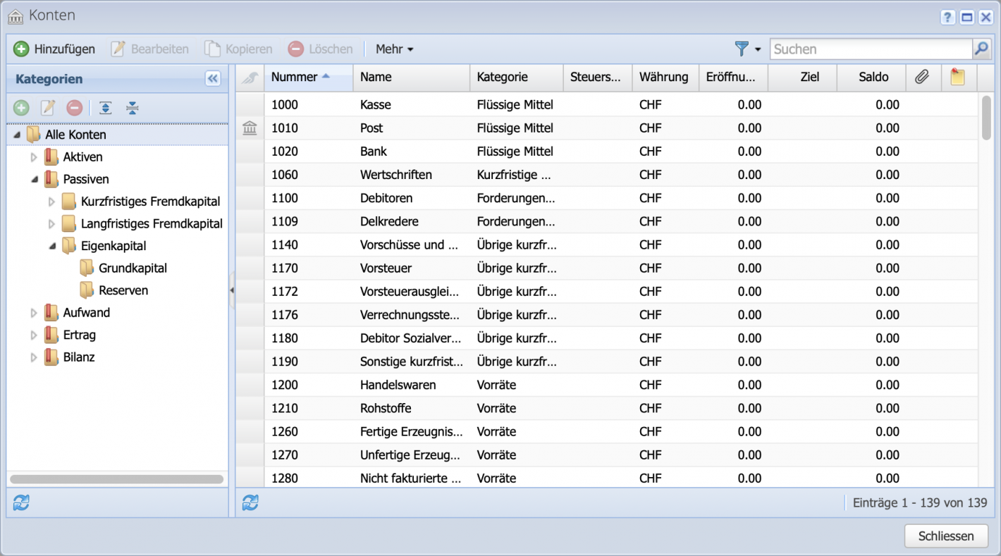 Screenshot des Konten Moduls mit tabellarischem Kontenrahmen