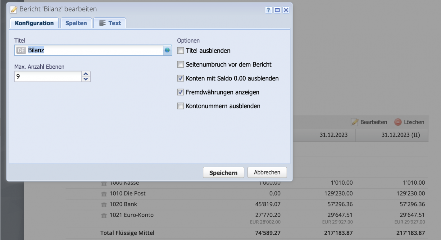 Screenshot of the configuration of a report