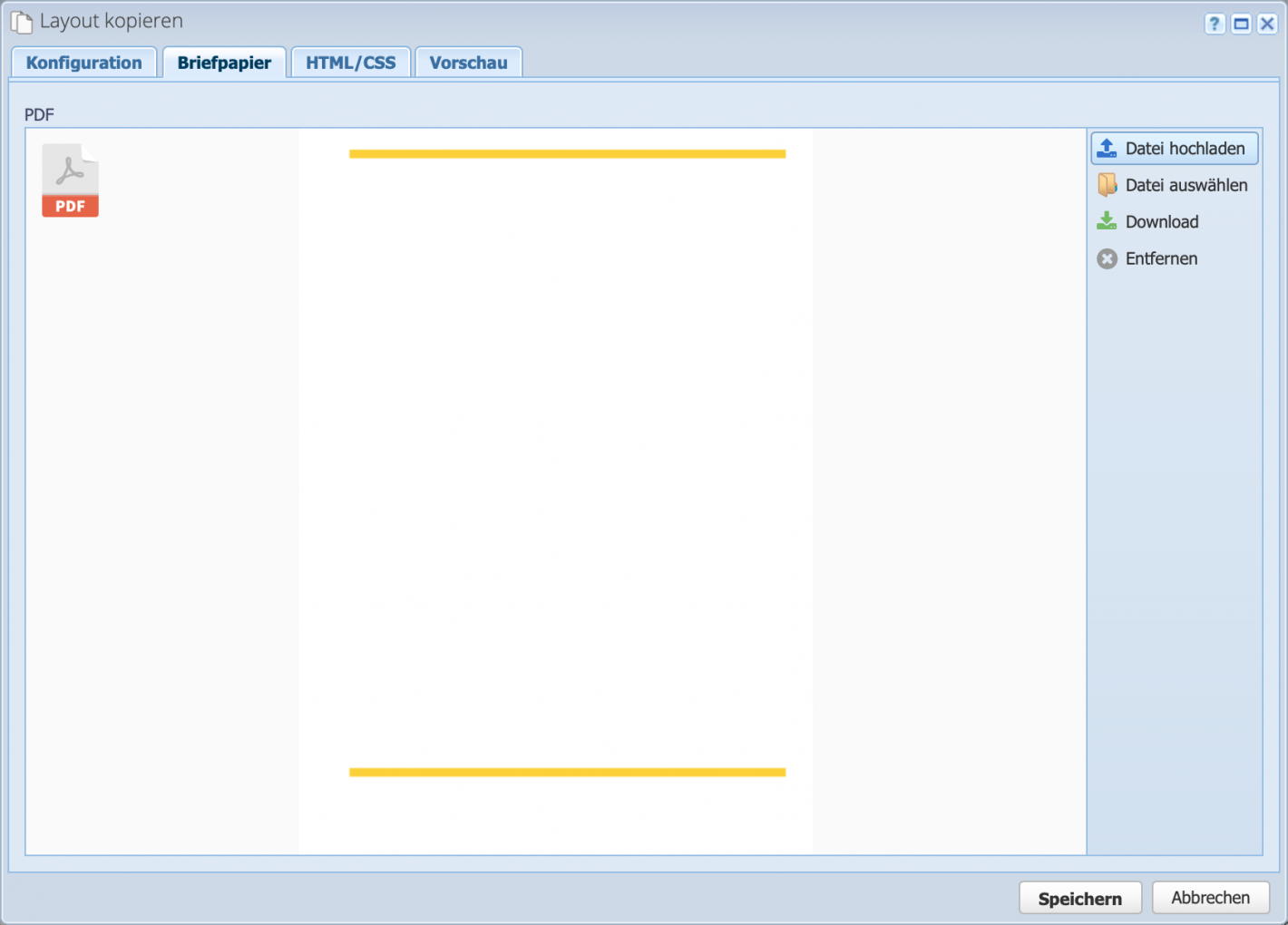 Screenshot der Layout Konfiguration mit dem geöffneten Briefpapier Reiter, wo eine grafische Vorlage als PDF hinterlegt werden kann.