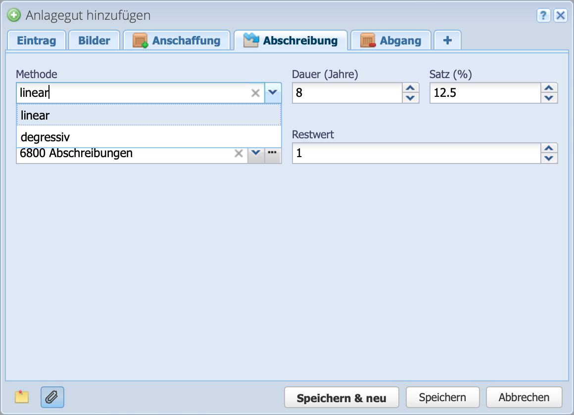 Screenshot of the entry of a fixed asset with the Depreciation tab